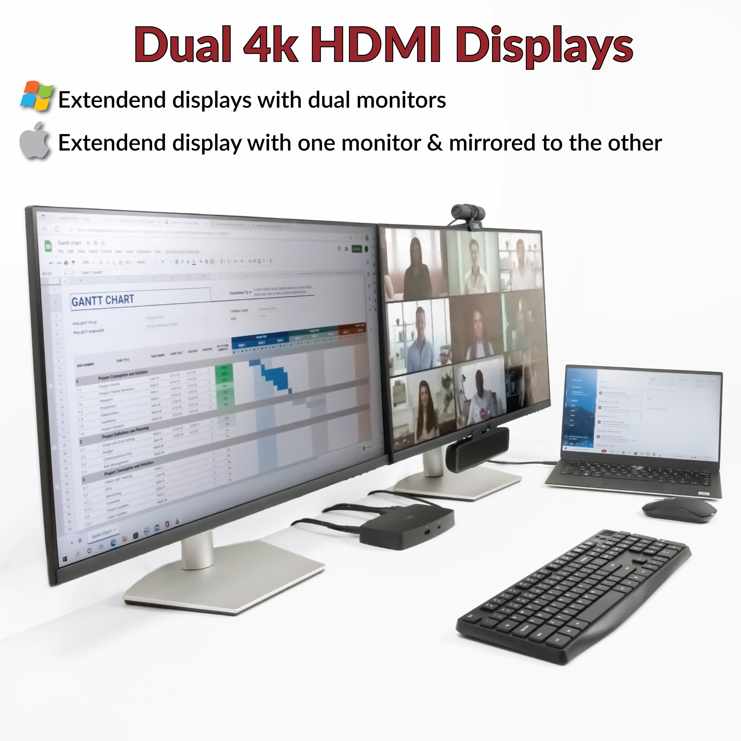 Cyber Acoustics DS-1000 docking station with dual monitors connected to a laptop showing extended display capabilities.