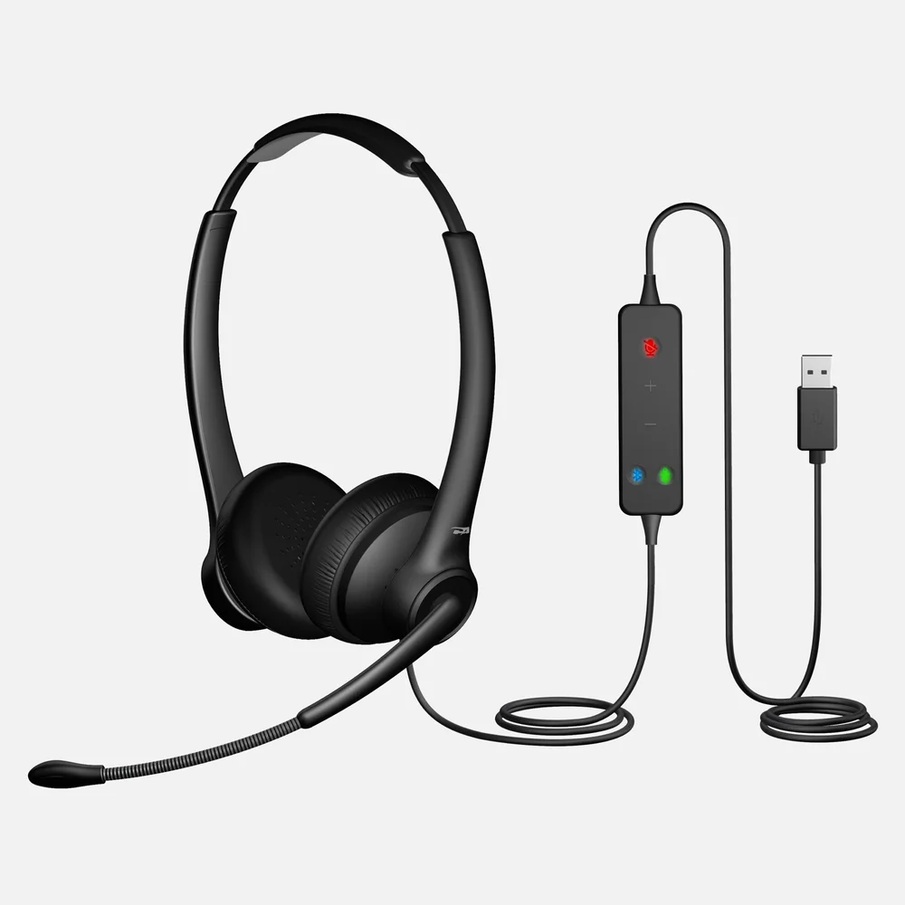 Cyber Acoustics AC-304TR call center training headset with binaural earcups and flexible boom microphone, shown next to its tethered USB-A controller with mute, volume, Bluetooth, and mic-select LED buttons