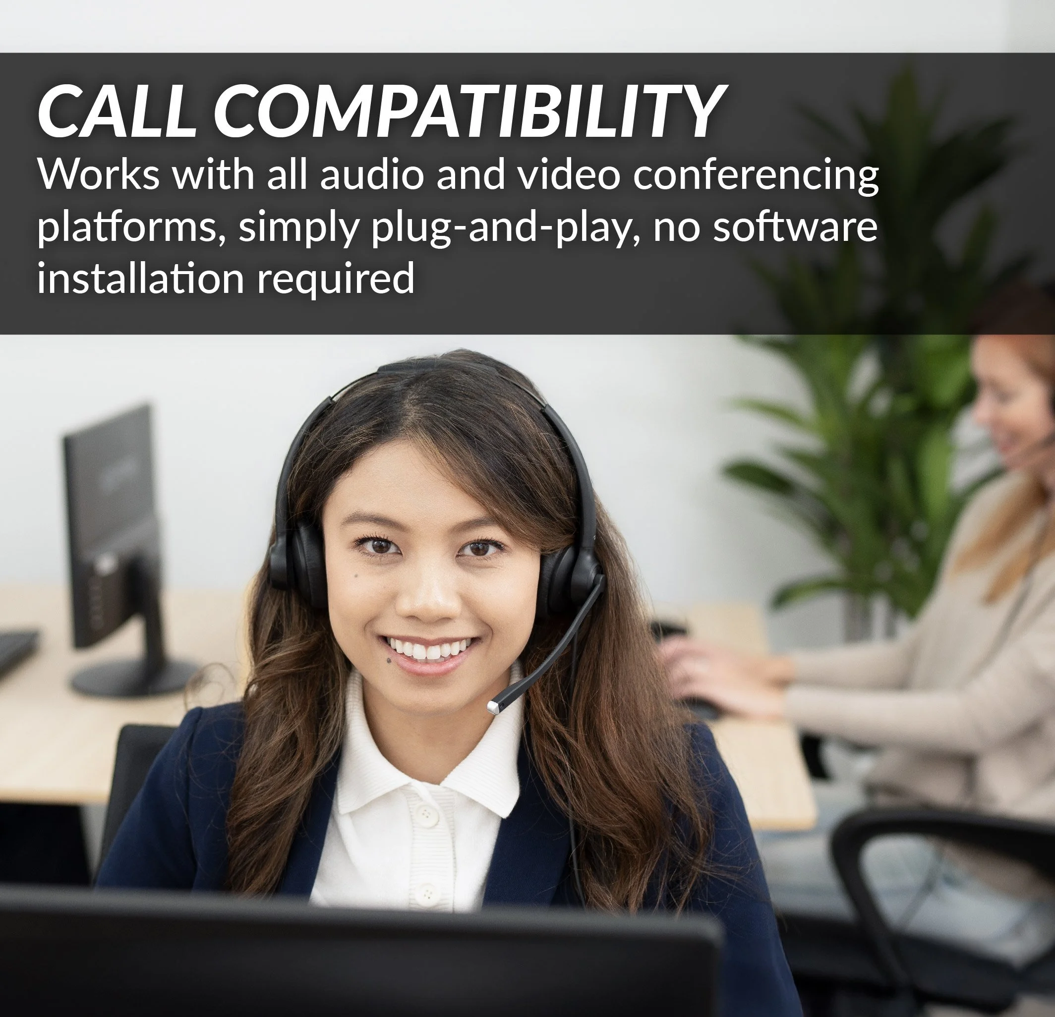 AI Noise Cancellation USB headset compatible with all video conferencing and softphone platforms