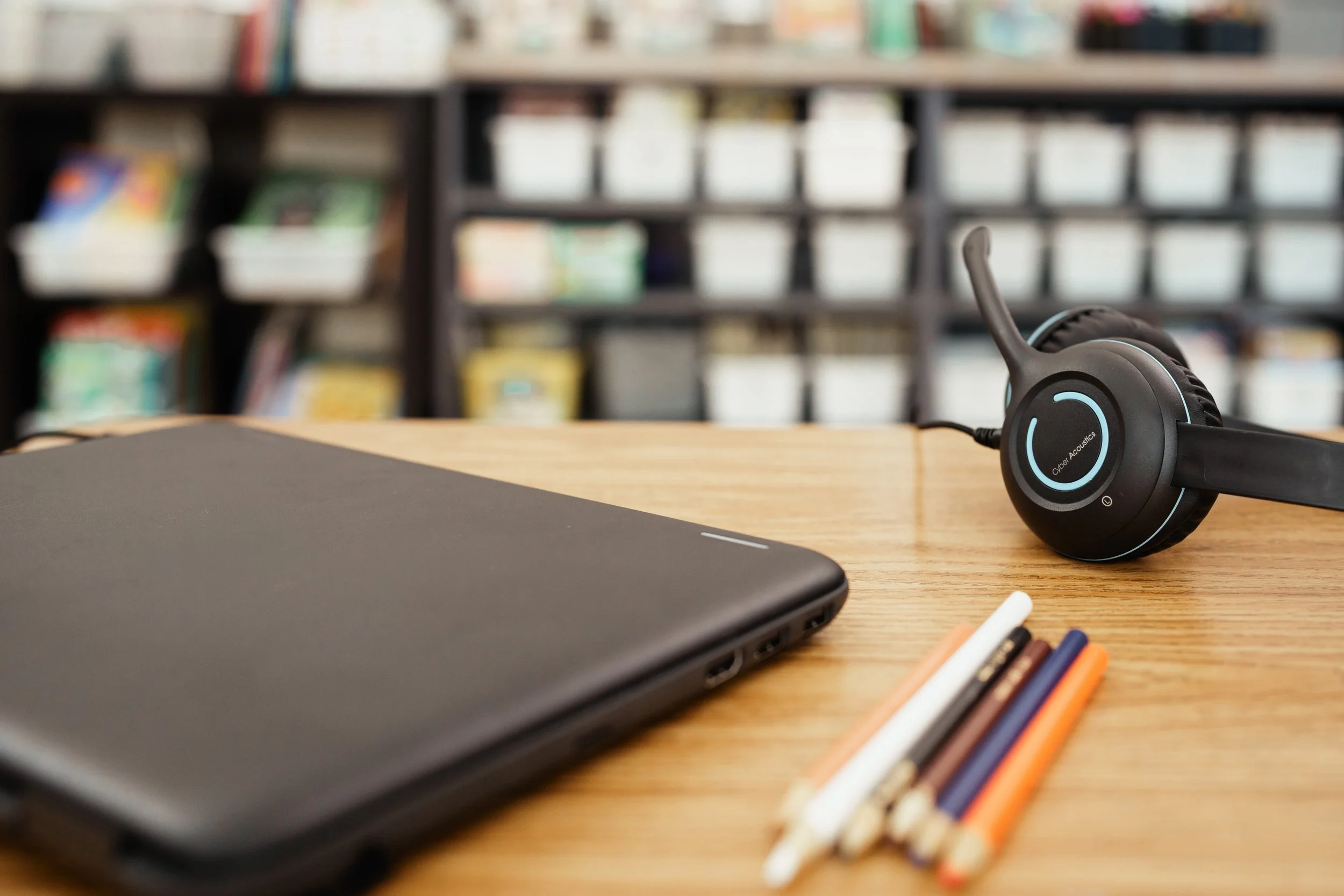 Classroom headset laptop and penciles for computer-based testing