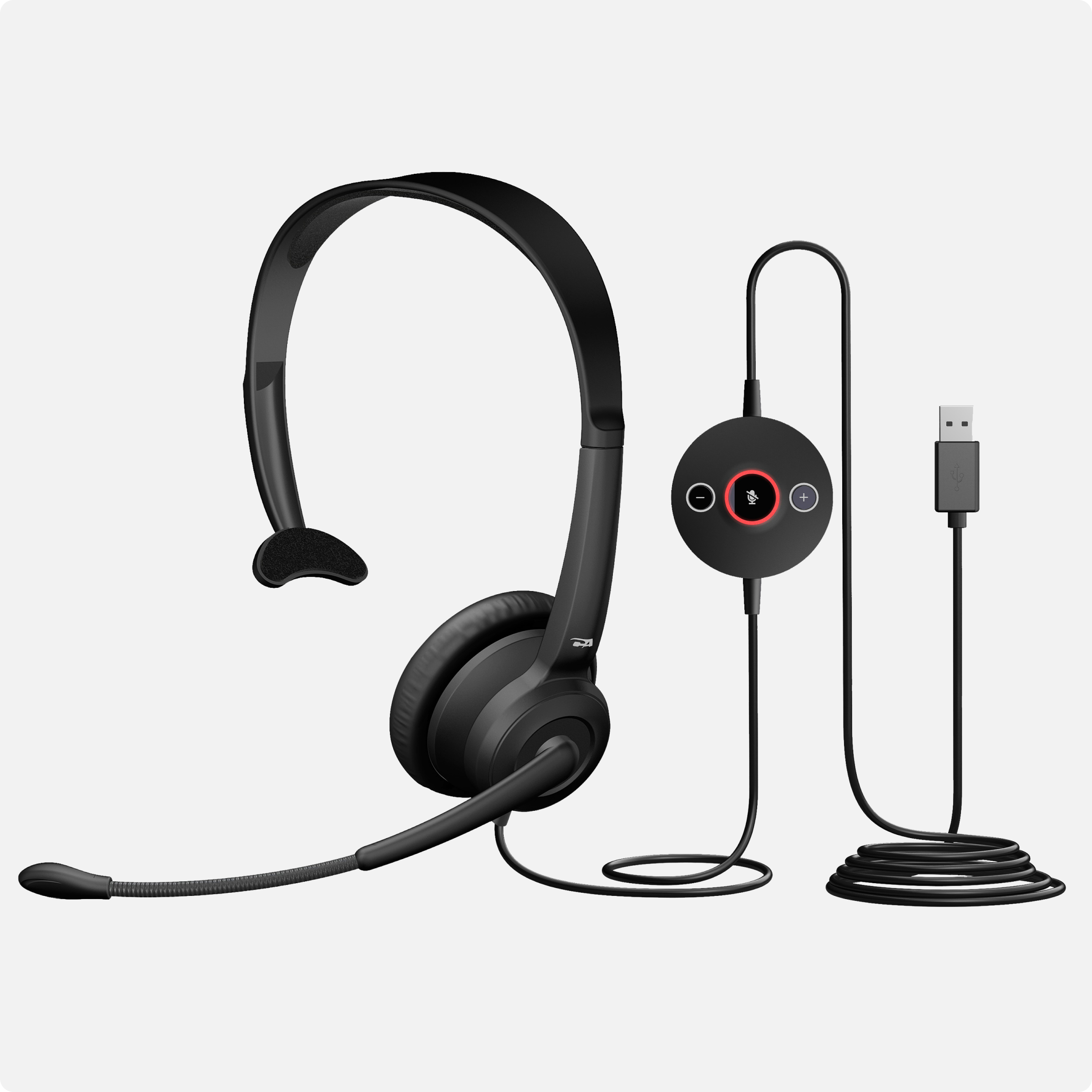 Cyber Acoustics AC-104ENC mono USB-A headset with adjustable boom microphone and leatherette earpad