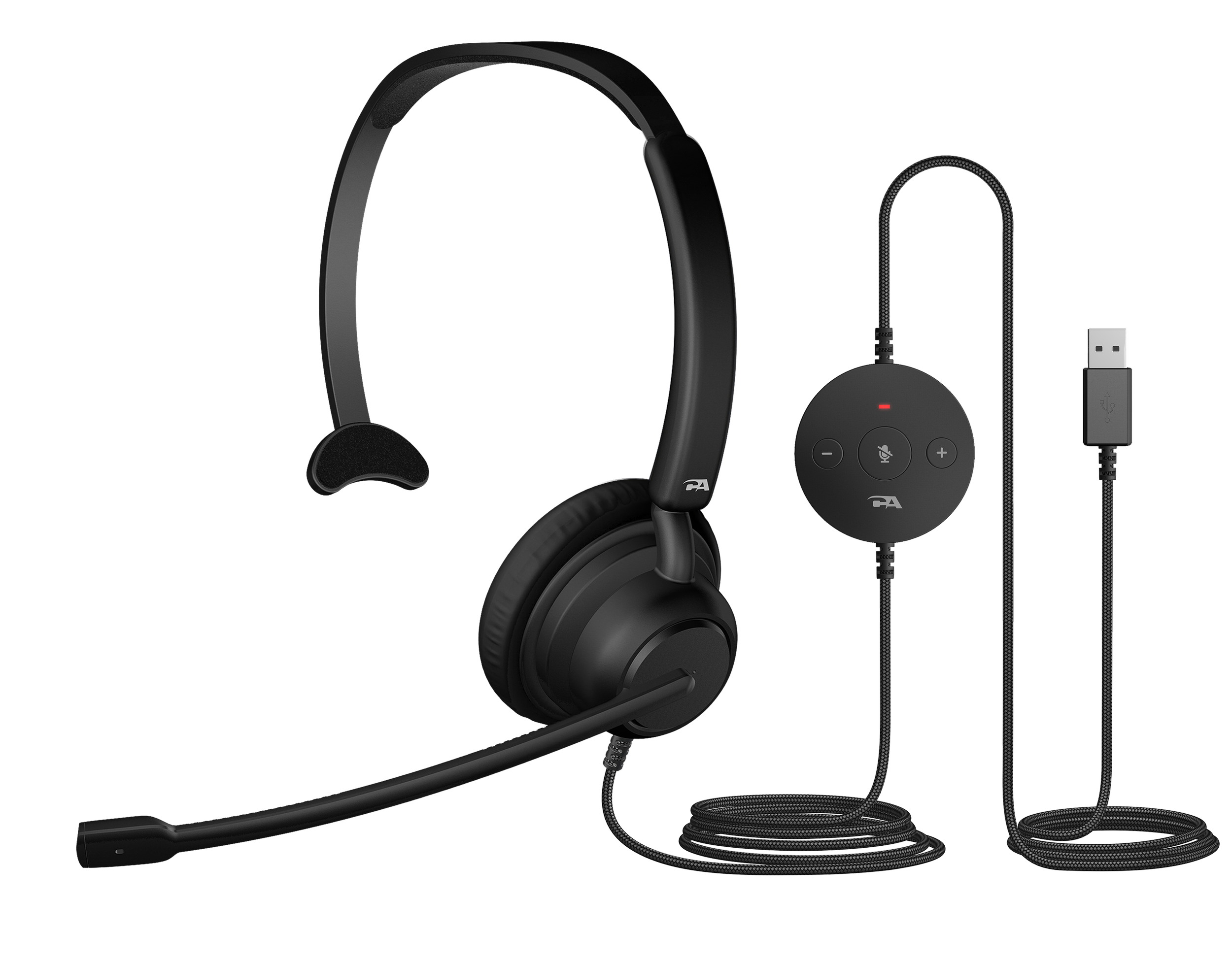 Black gaming headset with an attached microphone, a control unit with red indicators, and a USB cable on a light background.