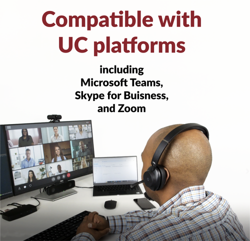 Man using a wireless headset with noise cancellation for work on a video conference call; text shows compatibility with Microsoft Teams, Skype for Business, and Zoom