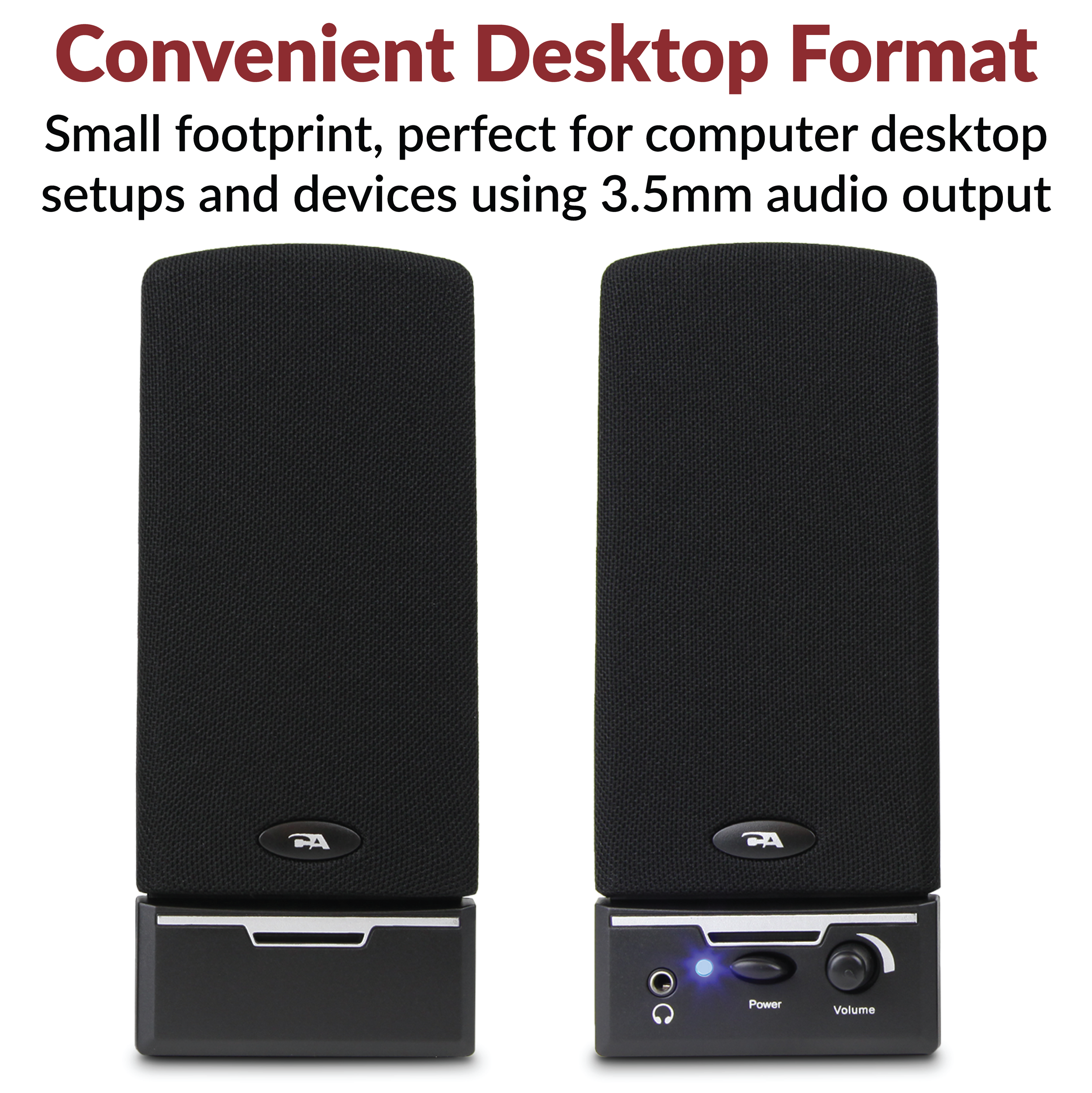 Compact Cyber Acoustics CA-2014 computer speakers shown on desktop for small spaces