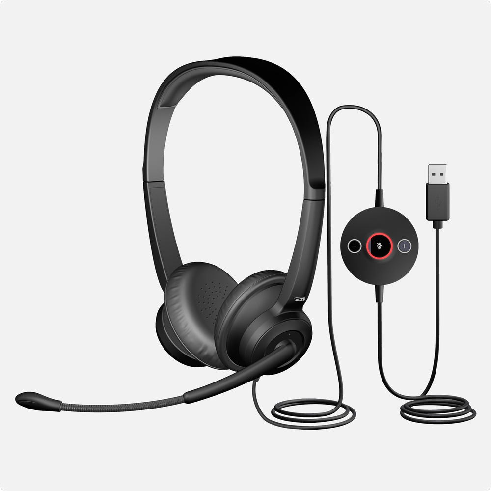 AC-204ENC II call center headset with USB-A connection and in-line controller
