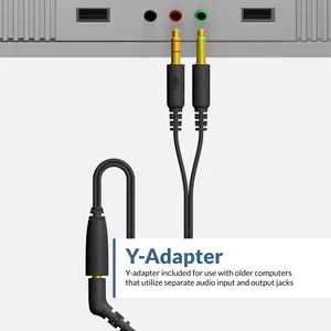 AC-204 Y-adapter plugged into separate mic and headphone jacks on a desktop PC — included adapter lets this 3.5mm headset connect to older Windows computers and tower PCs with dual audio ports