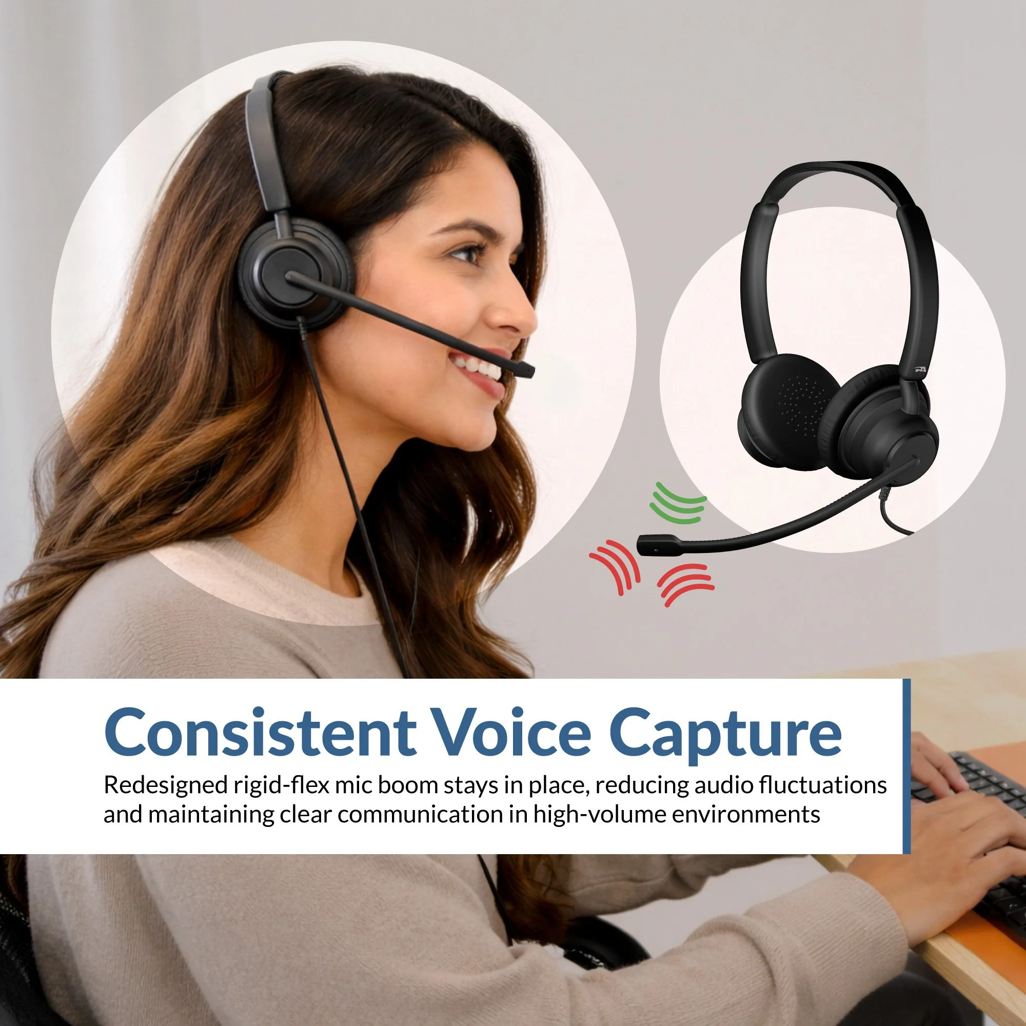 Woman wearing the AC-204ENC headset at a desk, with inset showing the rigid-flex boom mic for consistent voice capture