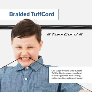 Cyber Acoustics ACM-6004 tangle-free braided TuffCord cable tested for coiling, twisting, and chewing durability