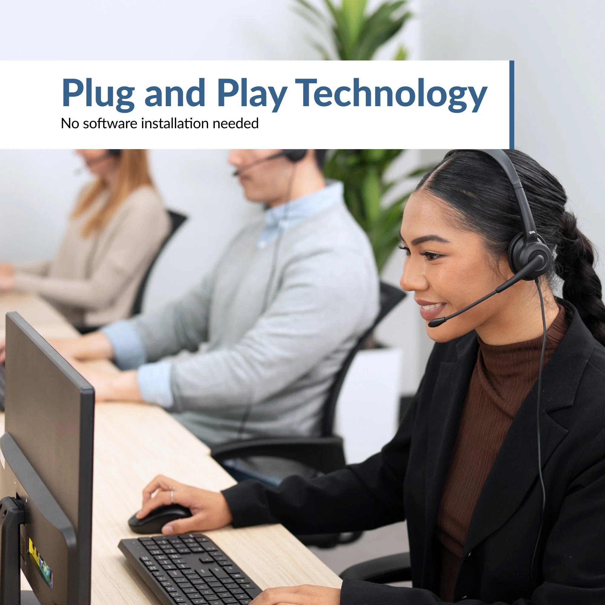 Call center agents using the Cyber Acoustics AC-204TR USB headset with plug and play functionality and no software installation required