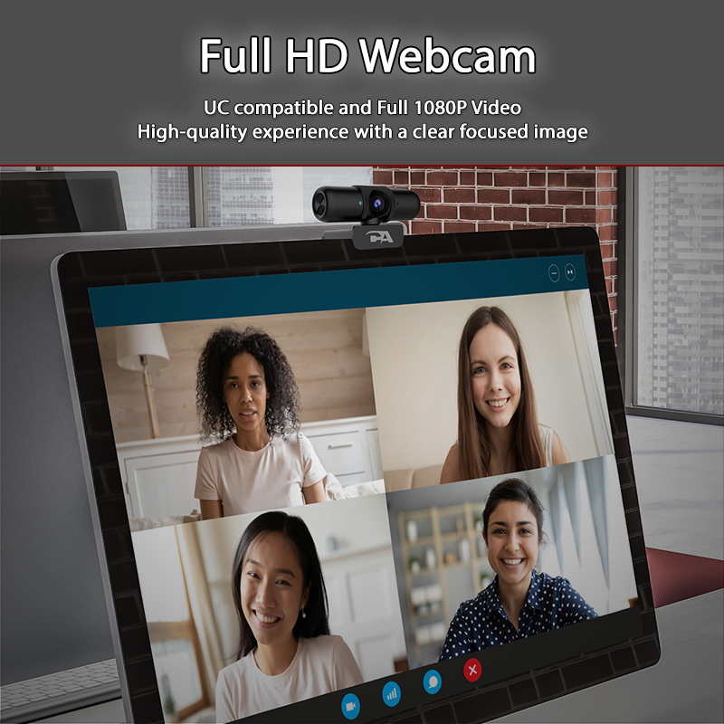 Cyber Acoustics CA Essential Webcam 1080HD-AF demonstrating UC platform compatibility with wide field of view during video meeting