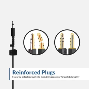 Close-up of the ACM-4004 steel-rod reinforced 3.5mm plug with cutaway diagram — SBAC-compliant 3.5mm headphone for classrooms built to resist connector breakage from daily student use