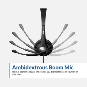 AC-204 ambidextrous boom microphone rotating 180 degrees — flexible mic arm positions left or right for comfortable PC headset use during video conferencing, voice chat, and remote work