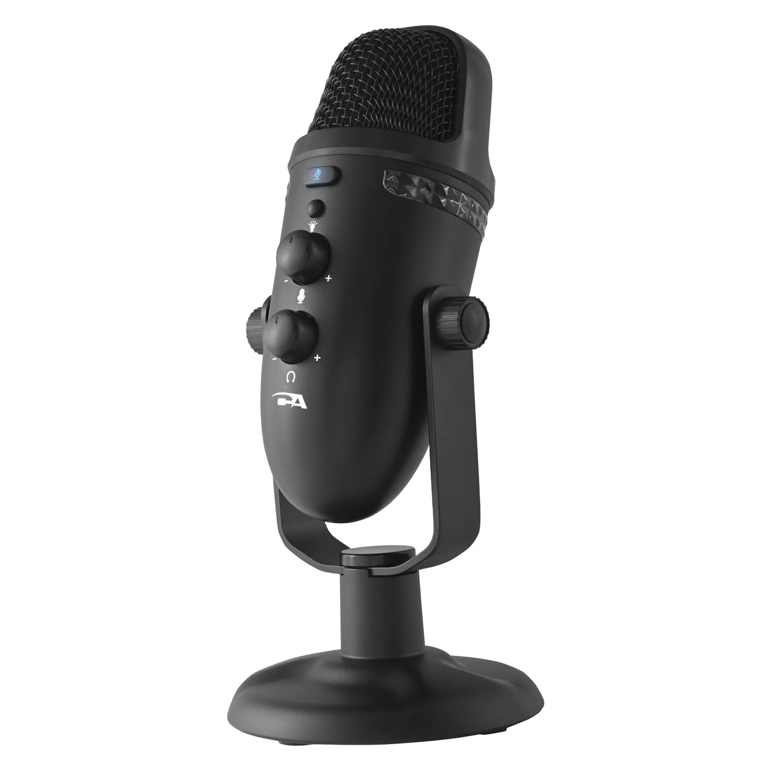 Cyber Acoustics CVL-2230 Matterhorn black USB microphone on an adjustable desk stand with front control knobs