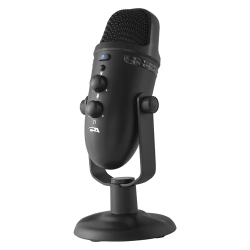 Cyber Acoustics CVL-2230 black USB microphone on an adjustable desk stand with front control knobs
