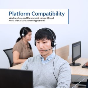 Office workers using AC-204 PC headset at desktop computers — compatible with Windows, Mac, and Chromebook and works with Zoom, Microsoft Teams, Google Meet, and all major virtual meeting platforms