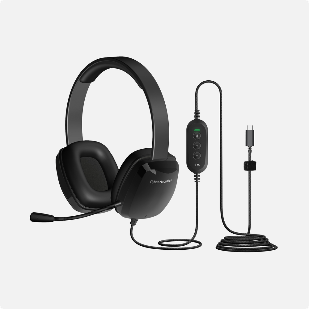 Cyber Acoustics AC-6014 headset for grades 6-12 with boom microphone, in-line USB-C volume and mute controls, and a braided TuffCord cable