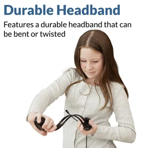Young student bending and twisting AC-4014 durable headband — classroom-tested break-resistant construction for shared school headset programs and reading intervention use