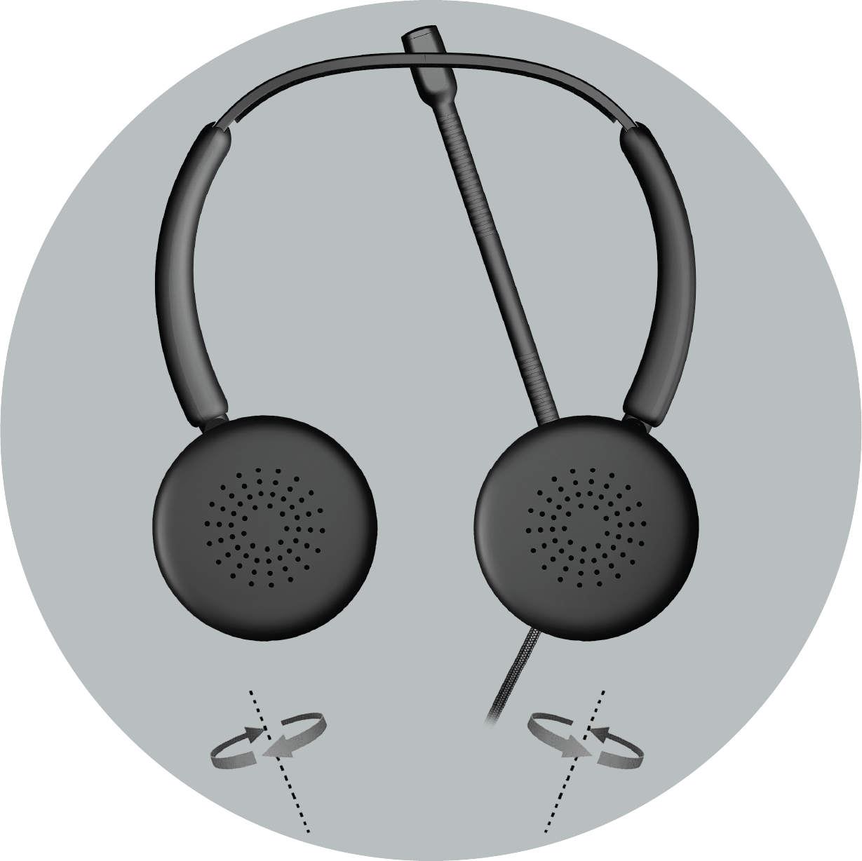 AC-204ENC headset shown from the front with rotation arrows beneath each earcup indicating they pivot 180 degrees