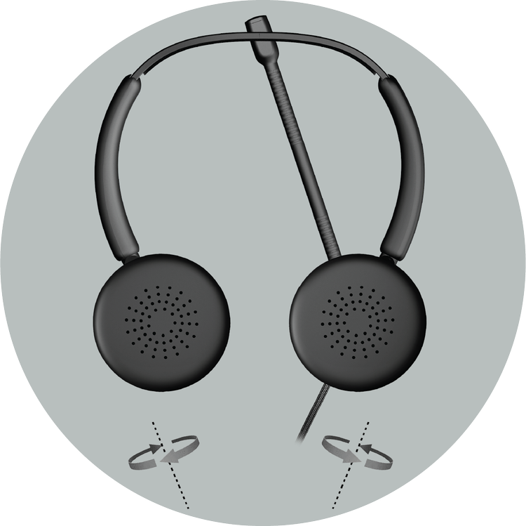 AC-204USB headset shown from the front with rotation arrows beneath each earcup indicating they pivot 180 degrees