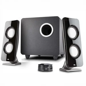 CA-3610 2.1 computer speaker system with subwoofer: two piano-black satellite speakers on stands, a subwoofer, and a control pod