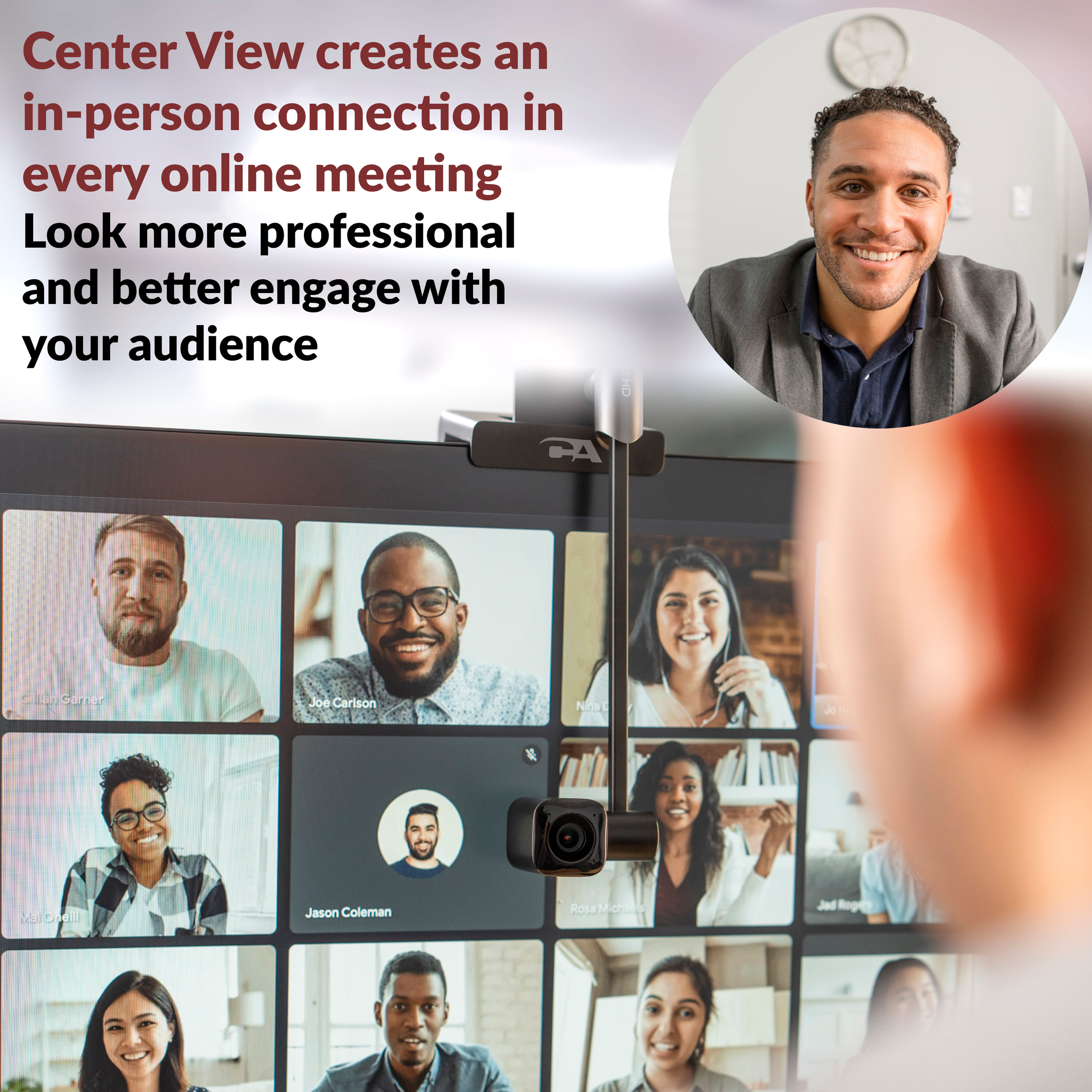 Webcam Flex positioned in front of a display showing Center View feature during a video call