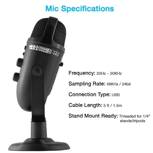 CVL-2230 mic specifications: frequency 20Hz to 20KHz, sampling rate 48KHz/24bit, USB connection, 5 foot cable, threaded for 1/4 inch stands
