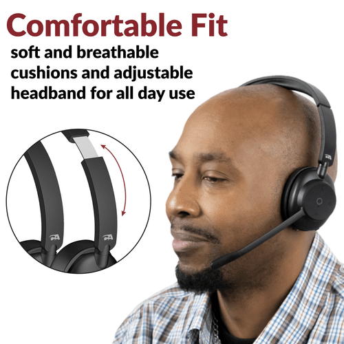 Man wearing a wireless headset with noise cancellation for work; inset shows adjustable headband with text highlighting soft breathable cushions for all-day comfort