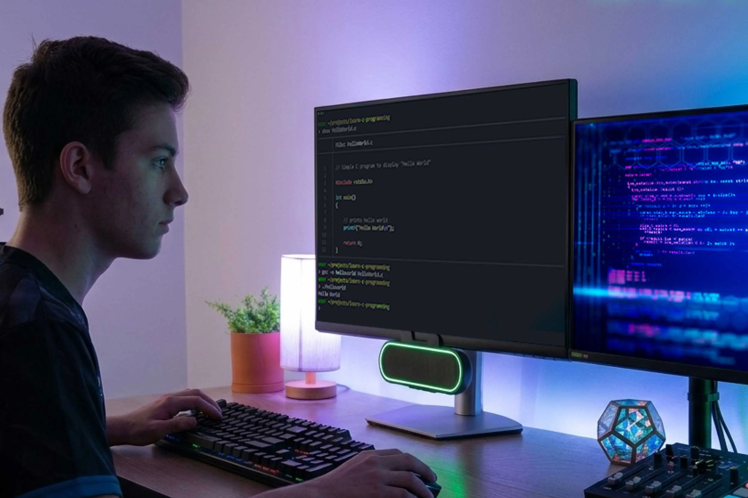 Desktop workstation audio setup with Cyber Acoustics speaker bar