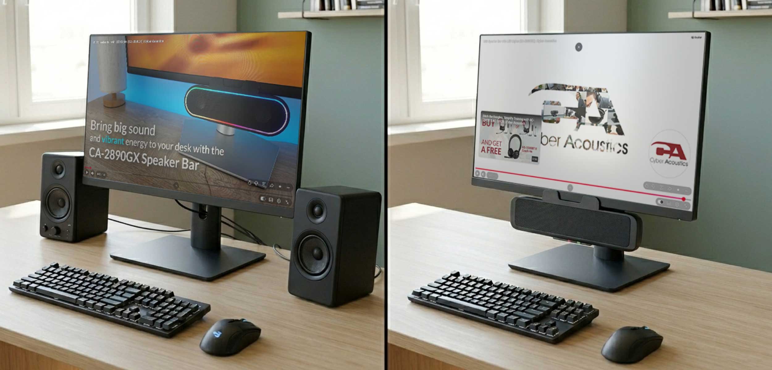 Monitor-mounted speaker bar compared to desktop speakers for space saving
