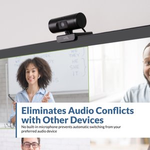WC-1000 webcam with no microphone mounted on monitor during video call, eliminates audio conflicts with other devices