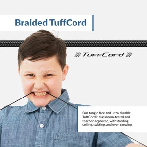Student biting the ACM-6005C braided TuffCord cable — chew-resistant USB-C headphones for school that withstand coiling, twisting, and biting