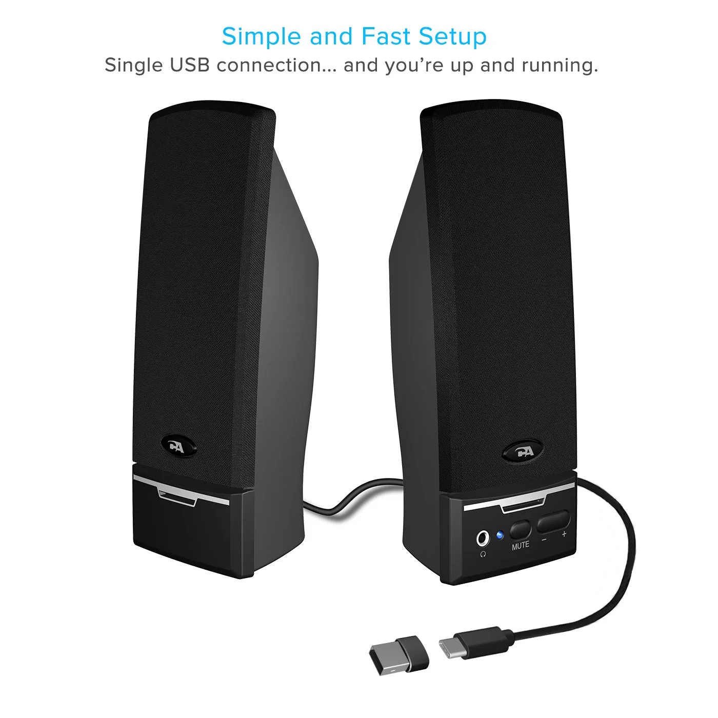 CA-2014USB speakers with single USB cable and USB-C adapter