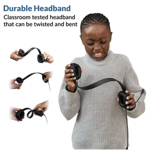 Student twisting and bending the AC-6014 headband — classroom-tested headset for grades 6-12 built to flex without snapping