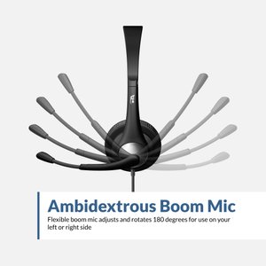 AC-104 mono headset ambidextrous boom mic rotating 180 degrees — flexible mic arm works on left or right side for comfortable PC use during work calls, online classes, and school computer lab sessions