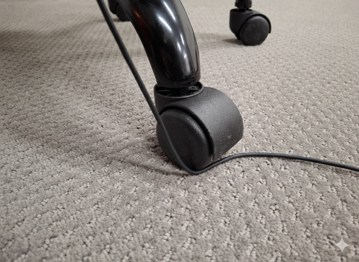 Office chair caster wheel rolling directly over a call center headset cable on carpet — incorrect, causes wire damage
