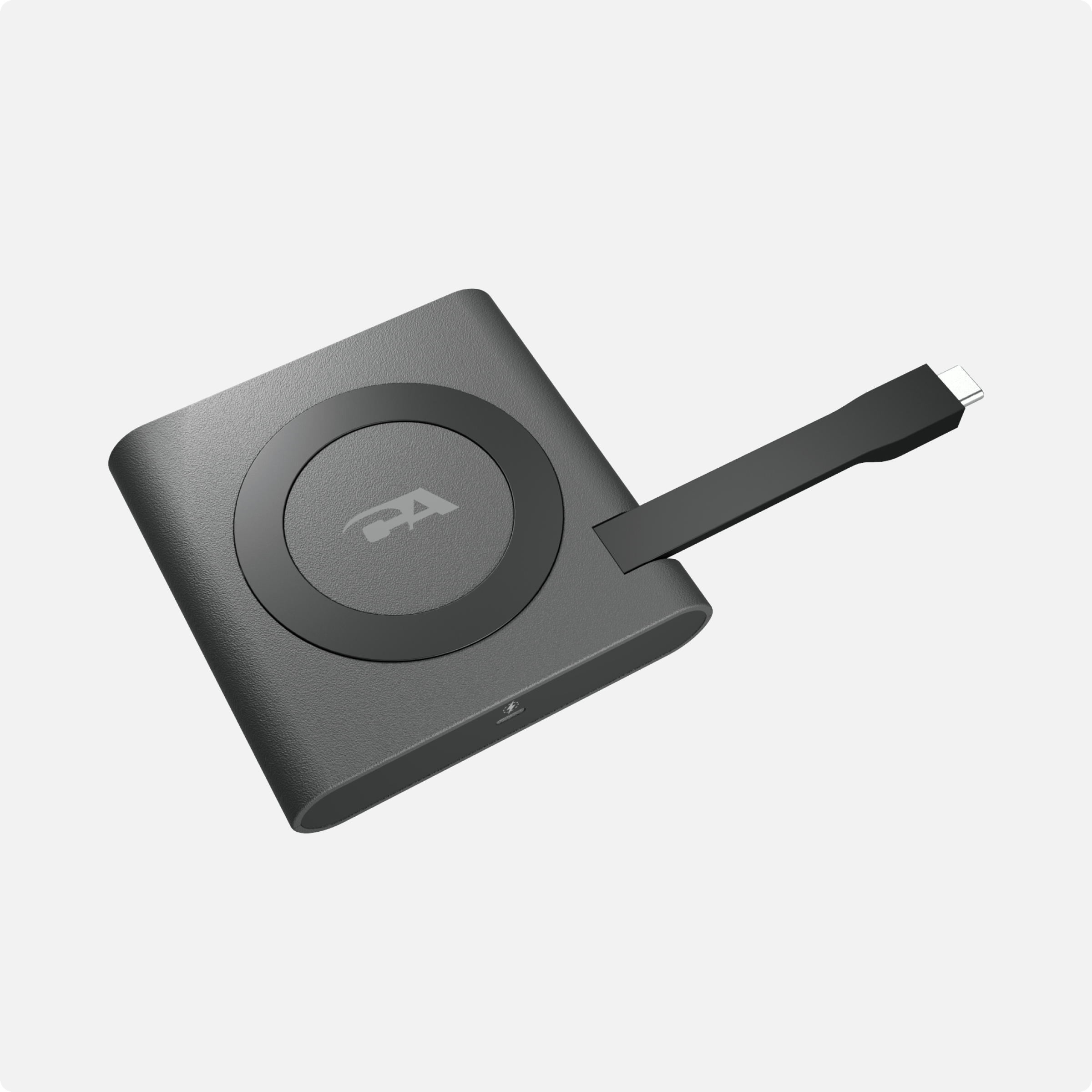 Cyber Acoustics DS-1500 CA Essential Micro Docking Station angled view with tethered USB-C cable and Qi charging logo on top