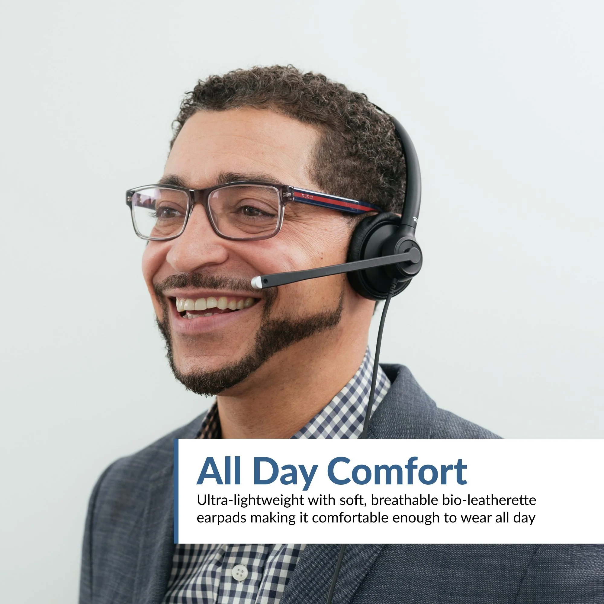 Cyber Acoustics AC-404 lightweight on-ear headset worn by a professional, highlighting all-day comfort with soft breathable ear cushions