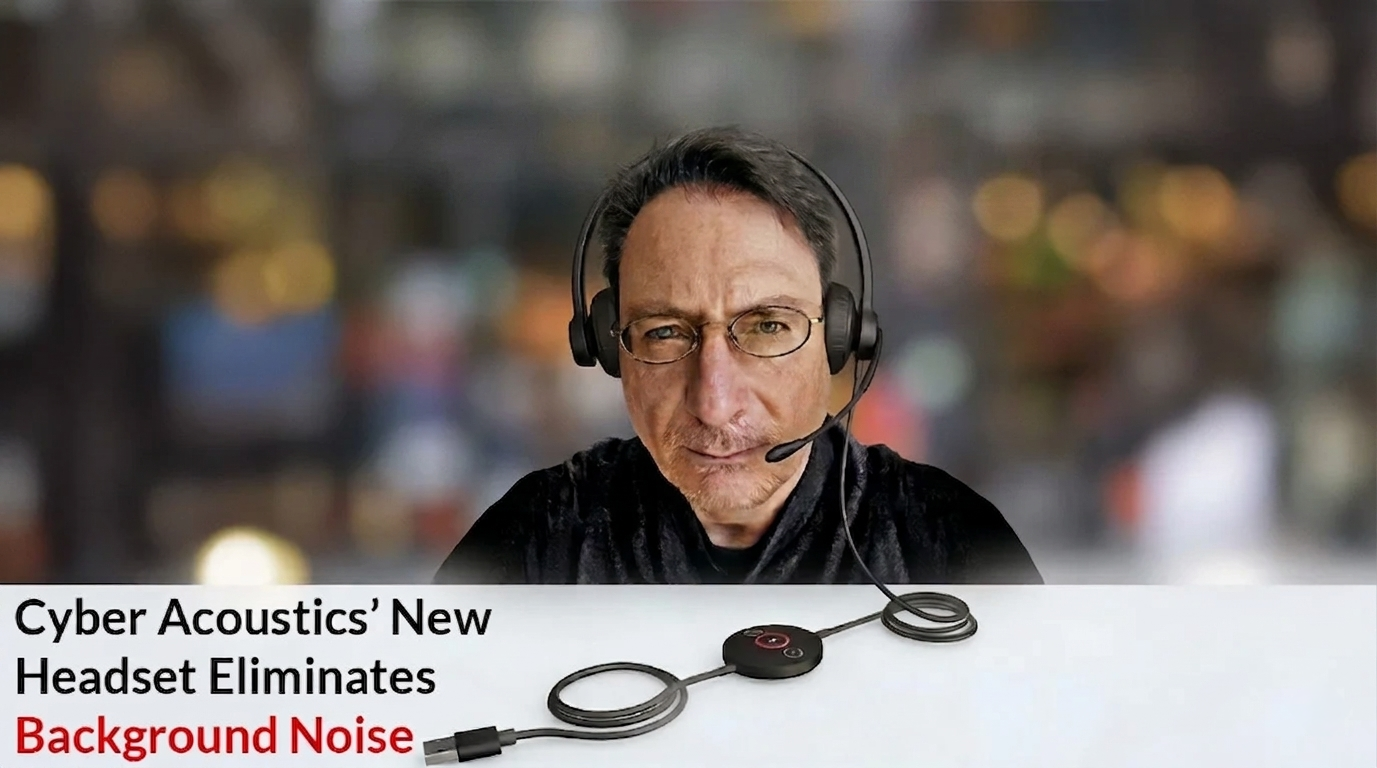 Forbes article thumbnail: 'Cyber Acoustics' New Headset Eliminates Background Noise' — reviewer wearing a Cyber Acoustics AC-304 headset with the Forbes logo overhead