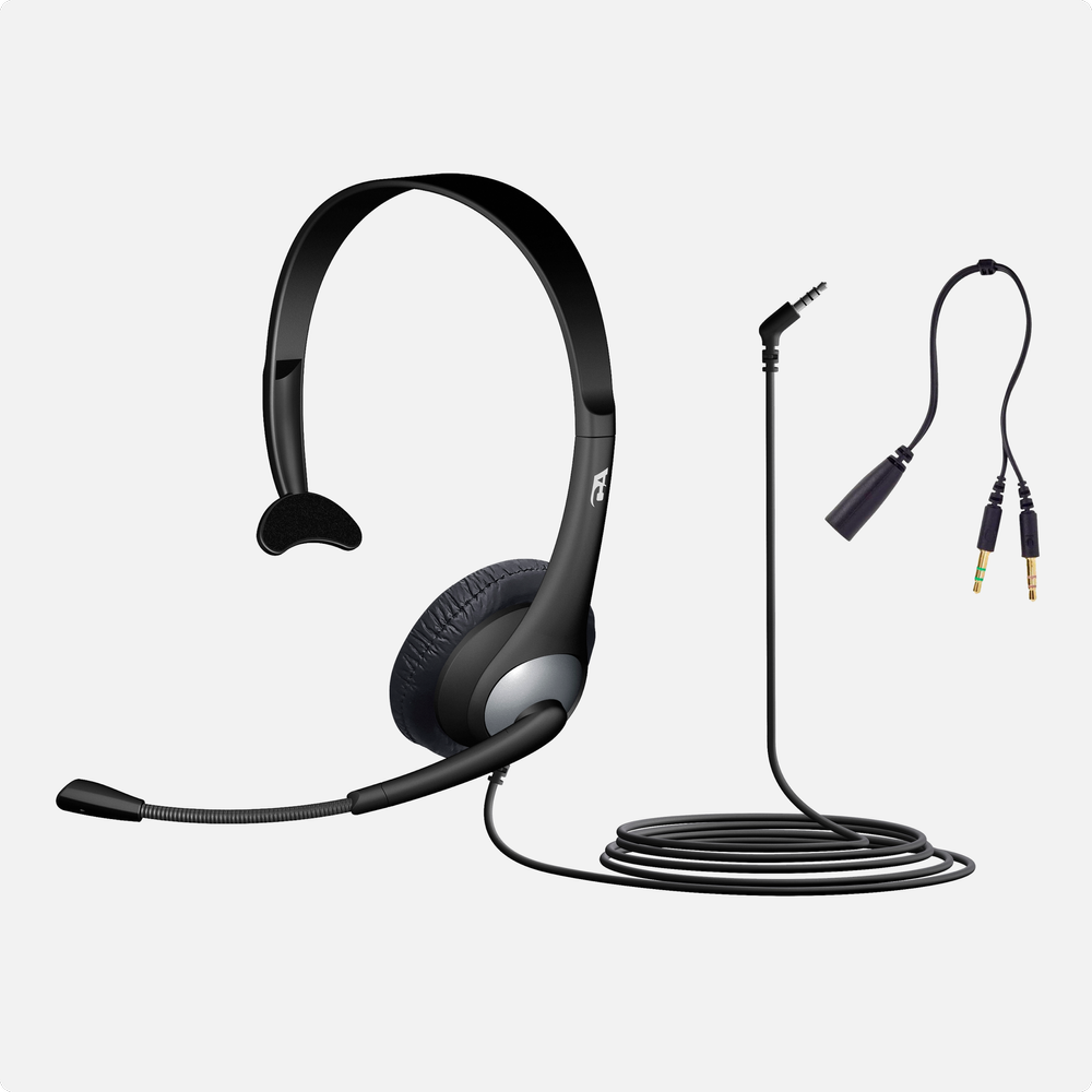 Cyber Acoustics AC-104 mono PC headset with boom microphone and Y-adapter — lightweight single-ear wired headset for desktop computers, remote work, voice calls, and school computer lab use