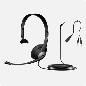 Cyber Acoustics AC-104 mono PC headset with boom microphone and Y-adapter — lightweight single-ear wired headset for desktop computers, remote work, voice calls, and school computer lab use