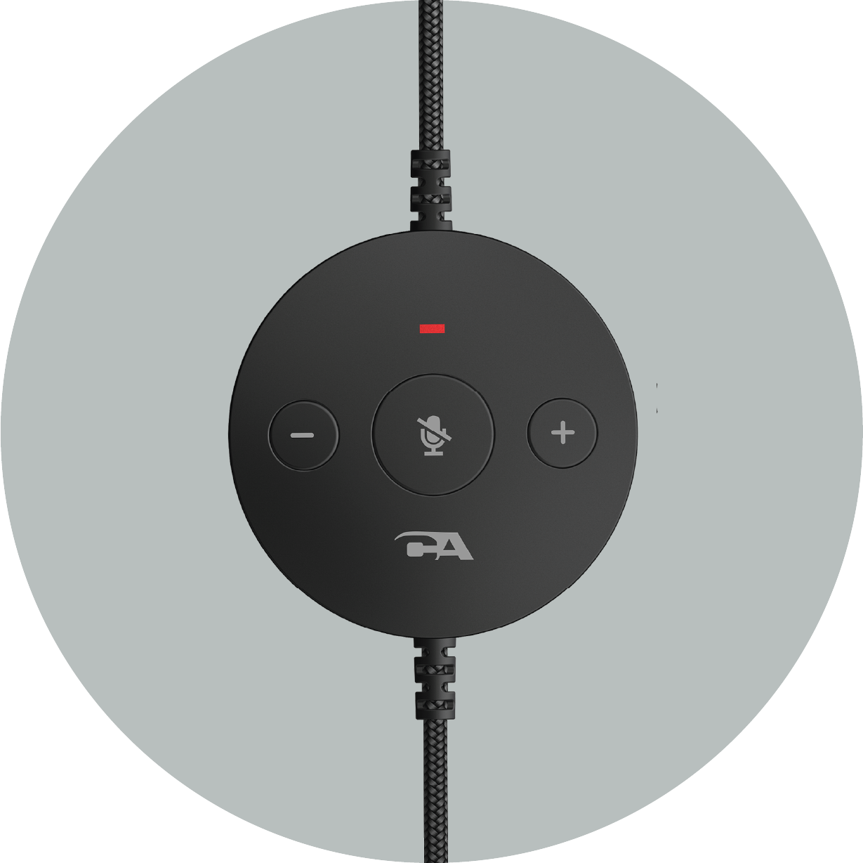 Close-up of the AC-204ENC circular in-line controller showing volume down, mute, and volume up soft-touch buttons with red LED mute indicator