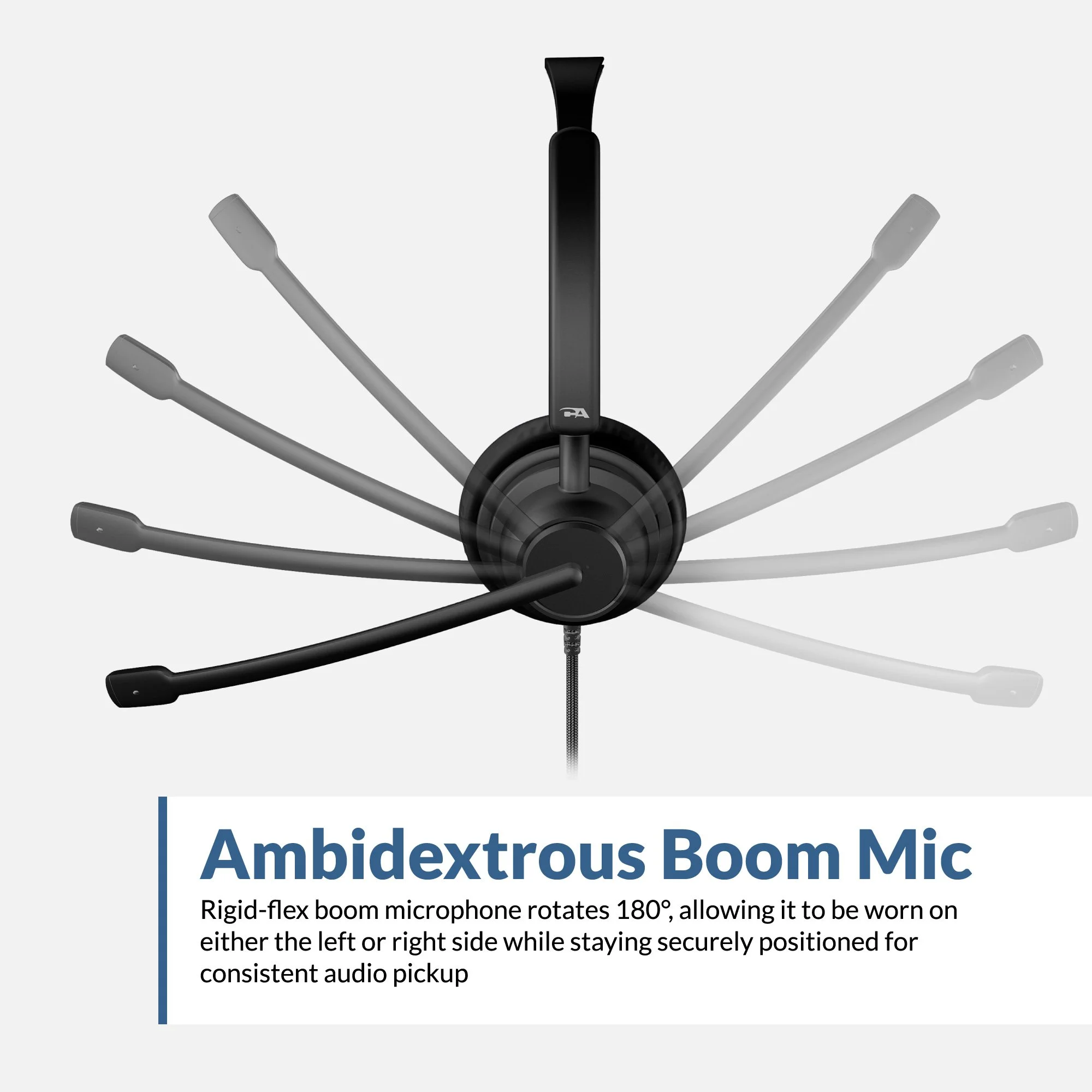 AC-204ENC boom microphone shown rotating 180 degrees to demonstrate ambidextrous left or right side wear