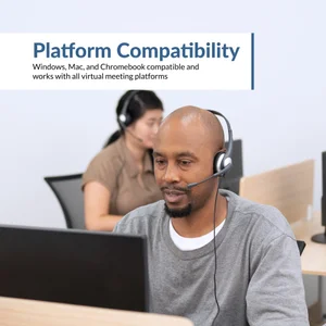 Office workers using AC-104 mono headsets at desktop PCs — compatible with Windows, Mac, and Chromebook and works with Zoom, Microsoft Teams, Google Meet, and all major virtual meeting and school platforms