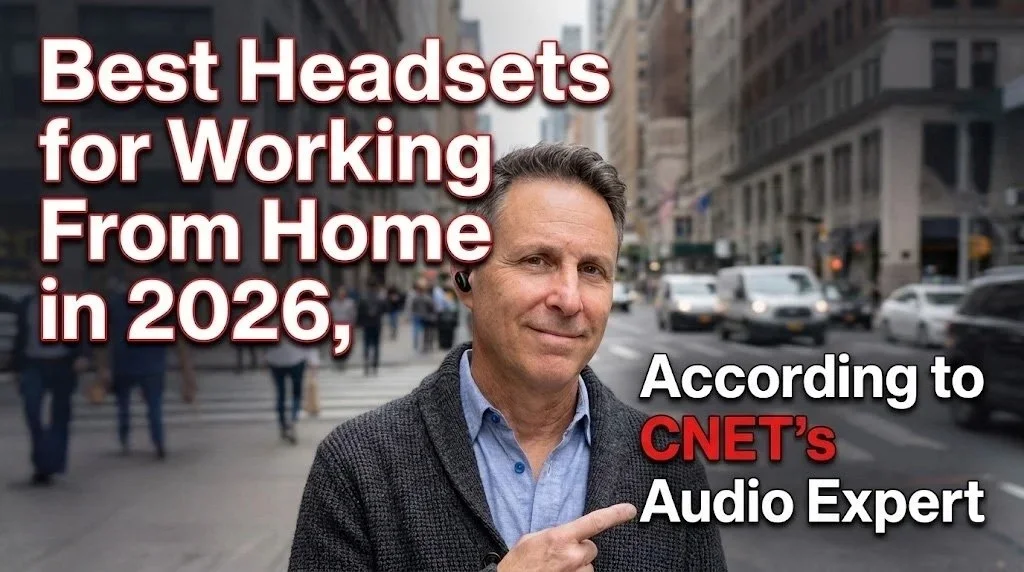 CNET article thumbnail: 'Best Headsets for Working From Home in 2026, According to CNET's Audio Expert' — reviewer wearing a Bluetooth earpiece on a city street