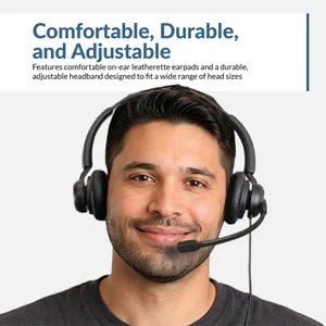 Person wearing the Cyber Acoustics AC-204USB headset showing comfortable on-ear leatherette earpads and adjustable headband
