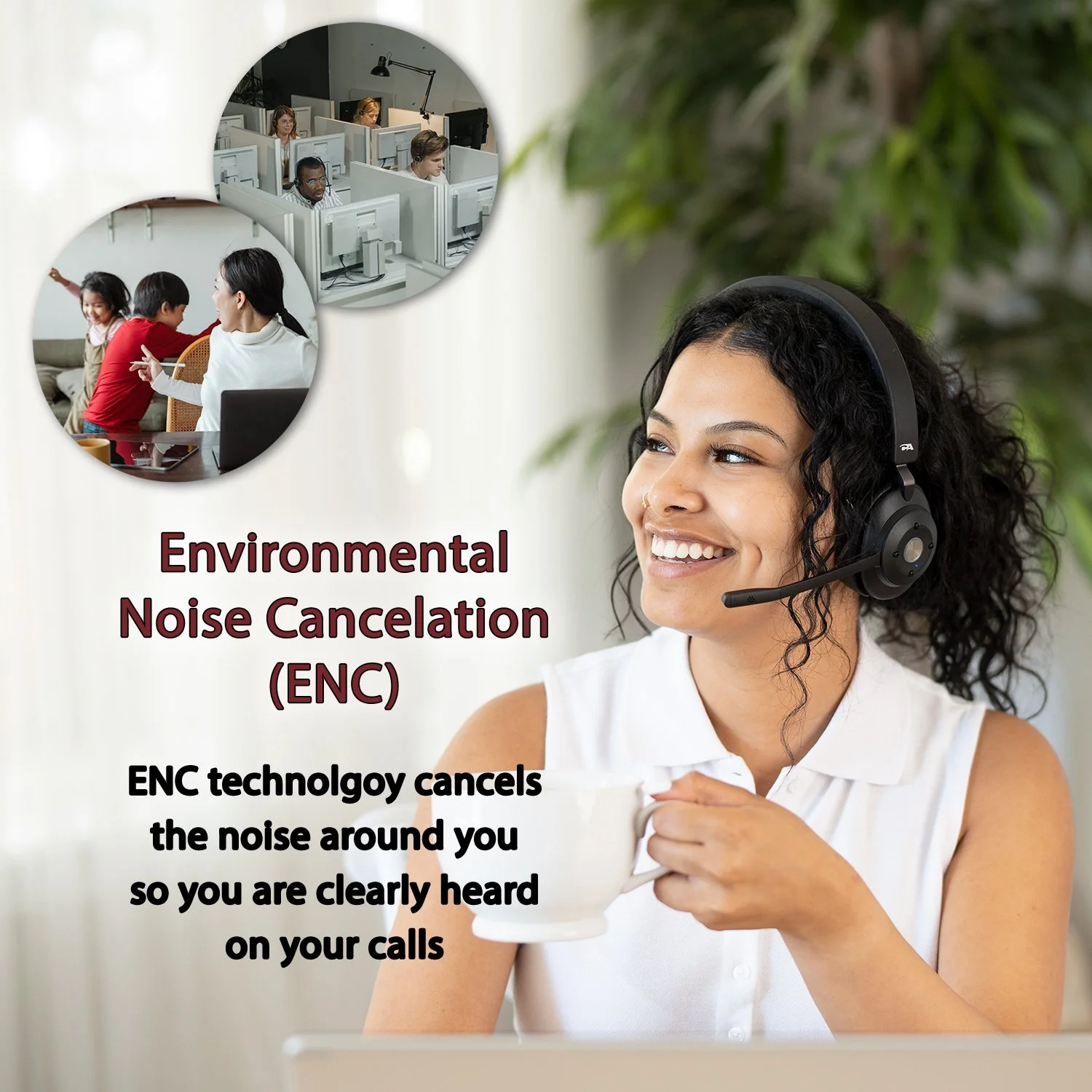 Professional wireless headset for office with Environmental Noise Cancelation (ENC) so your voice is heard clearly on calls