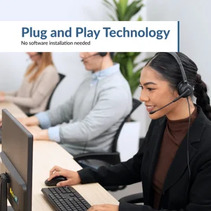 Call center workers wearing AC-204ENC II plug and play USB headsets