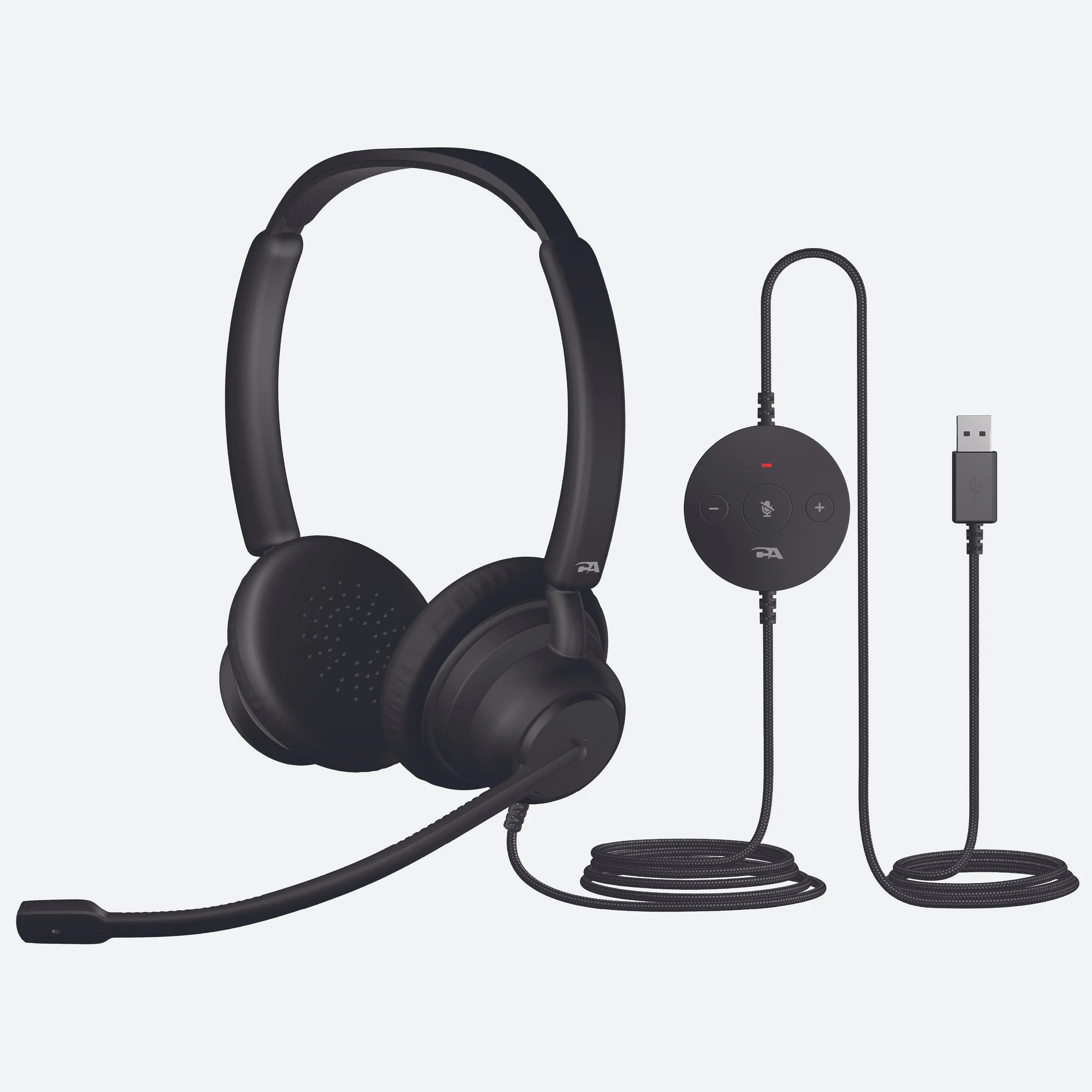 Cyber Acoustics AC-204ENC USB-A stereo headset with boom mic, circular in-line controller, and 8-foot braided cable