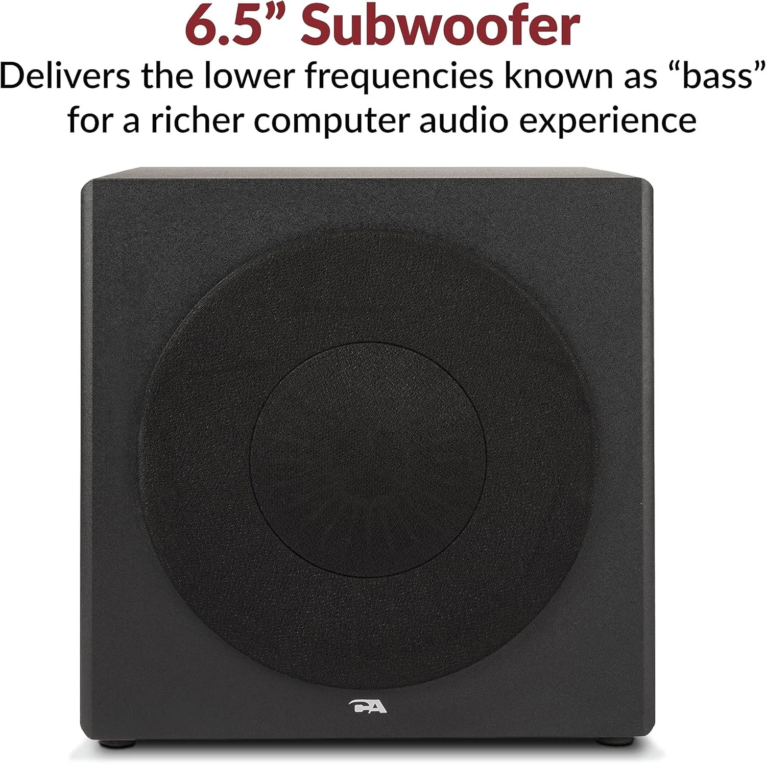 Close-up of 6.5-inch powered subwoofer for desktop speakers delivering deep bass