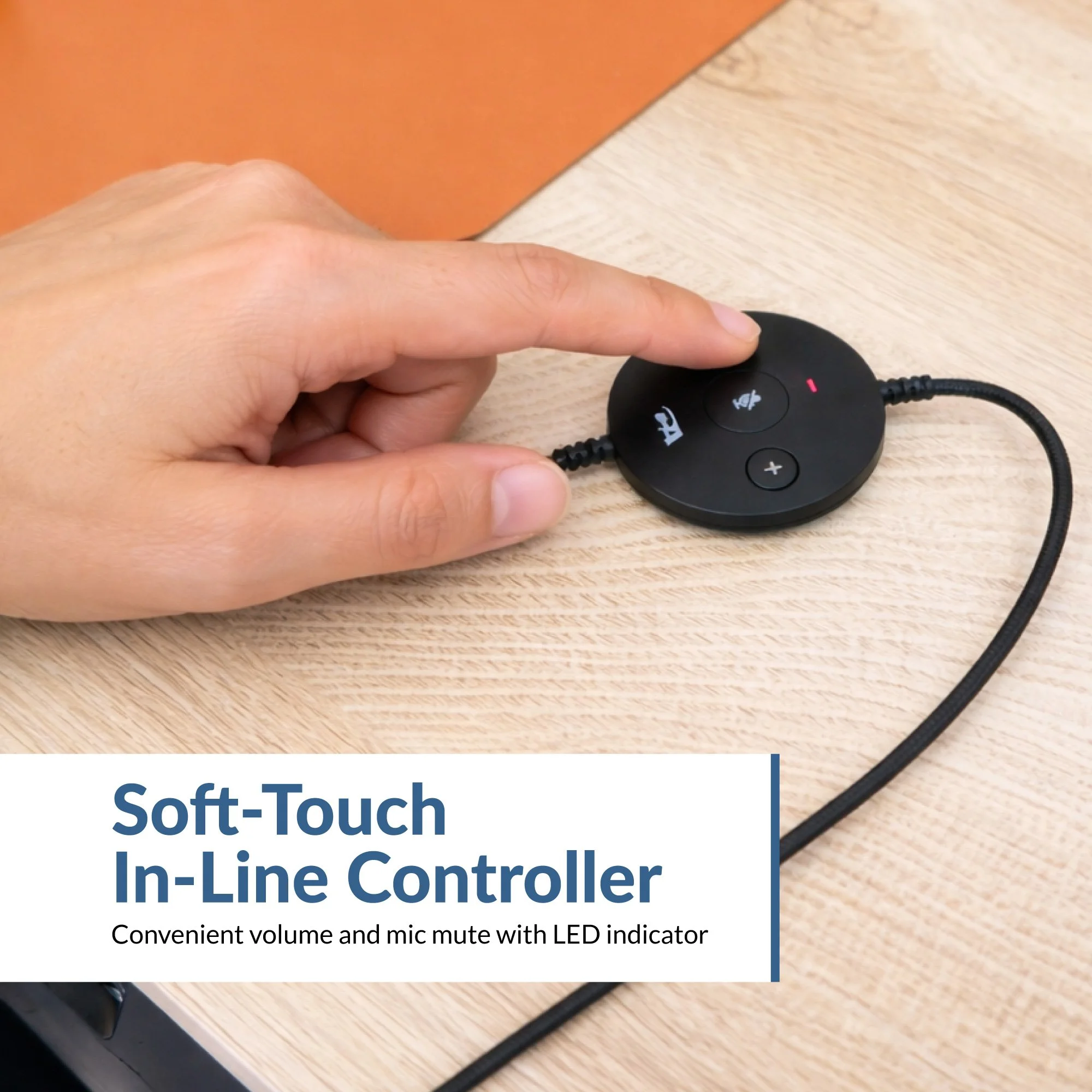 Hand pressing the mute button on the AC-204ENC soft-touch in-line controller with LED mute indicator